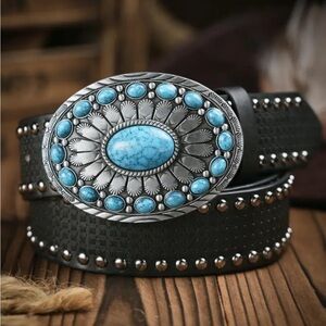 🌵Western Cowgirl Black Belt with Turquoise Buckle - Vintage Style